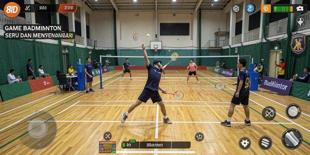 Antarmuka game 8ID menampilkan aksi badminton yang mendebarkan.