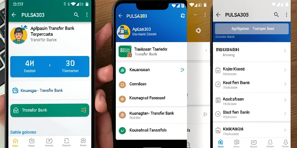 Tampilan antarmuka aplikasi PULSA303 untuk transfer bank dengan berbagai fitur.