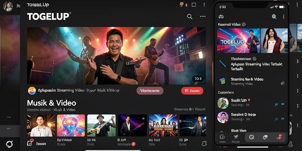 Screenshot antarmuka TOGELUP menampilkan kategori musik dan video yang beragam.